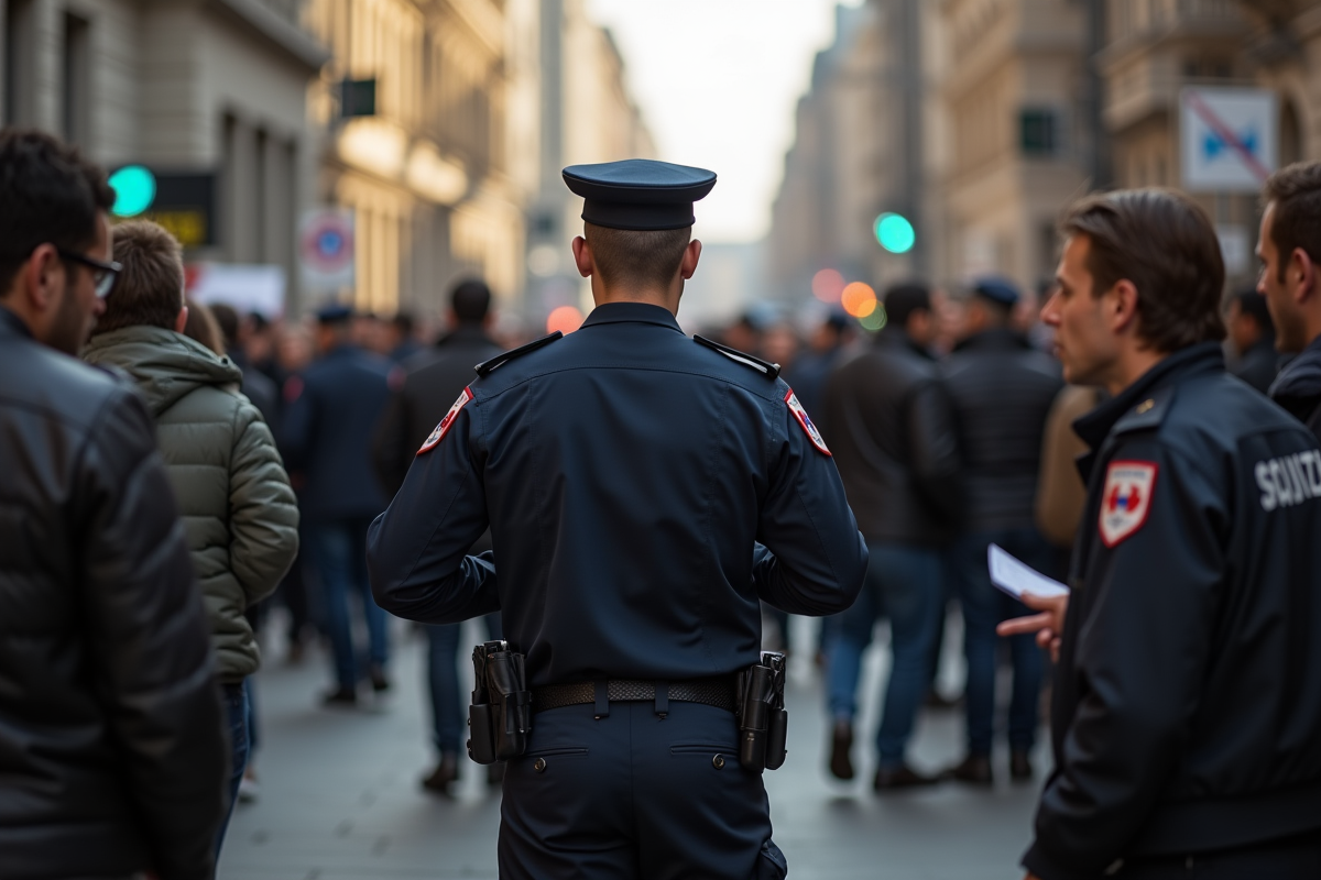Agent de sécurité bloquant la foule en ville