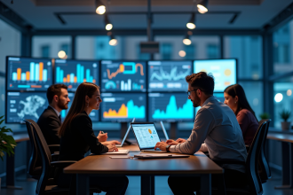 Analyste de données moderne dans un bureau lumineux avec graphiques colorés