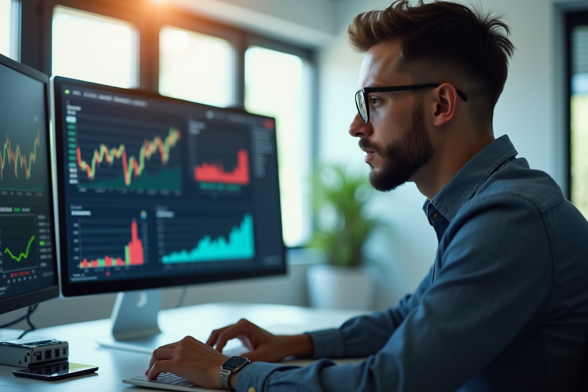 Analyste financier regardant des graphiques boursiers en bureau lumineux