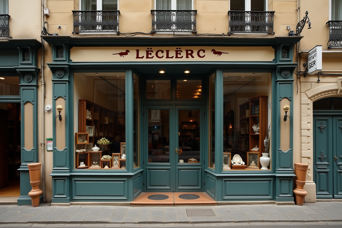 Façade ancienne de boutique Leclerc avec détails vintage