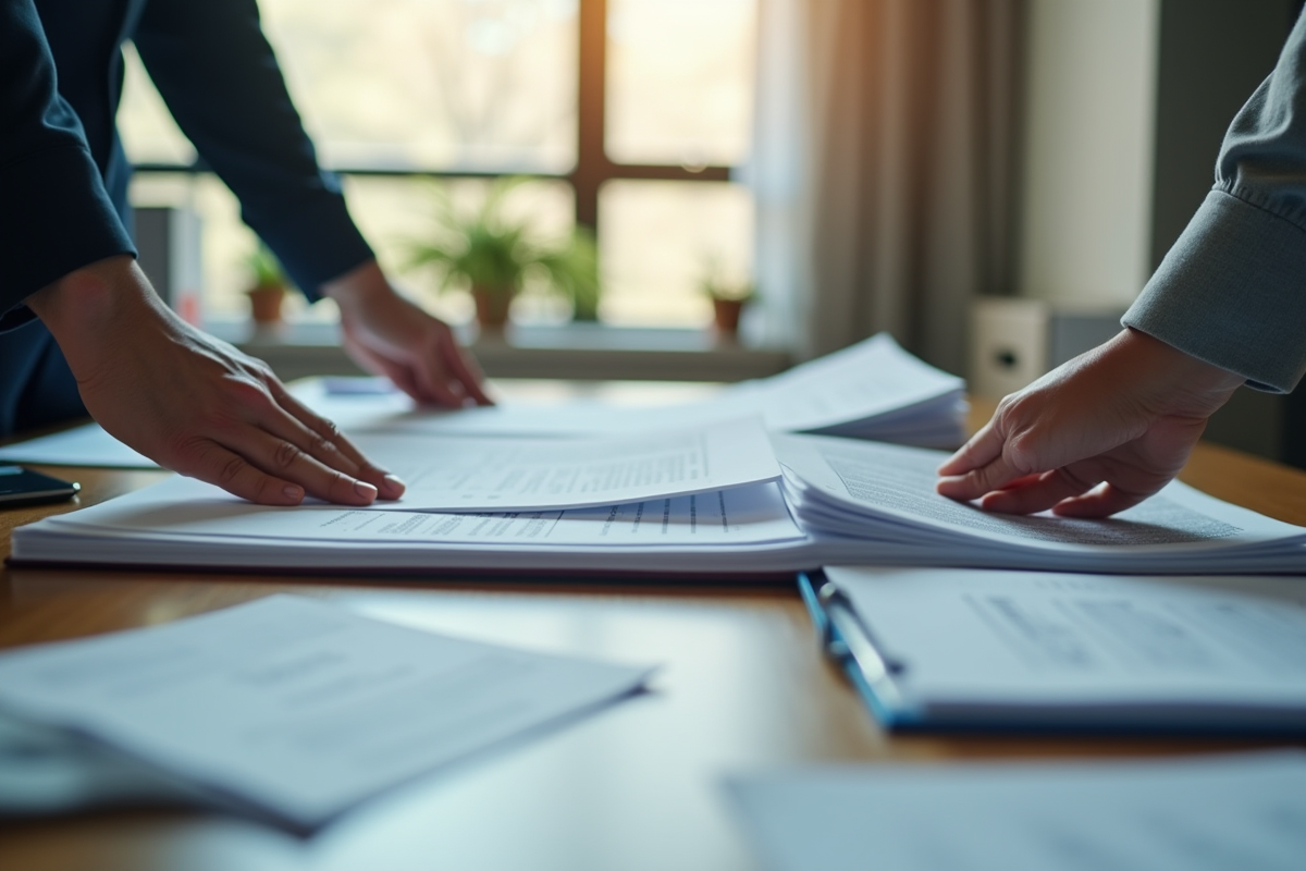 Bureau organisé avec mains triant des papiers et classant dans des dossiers