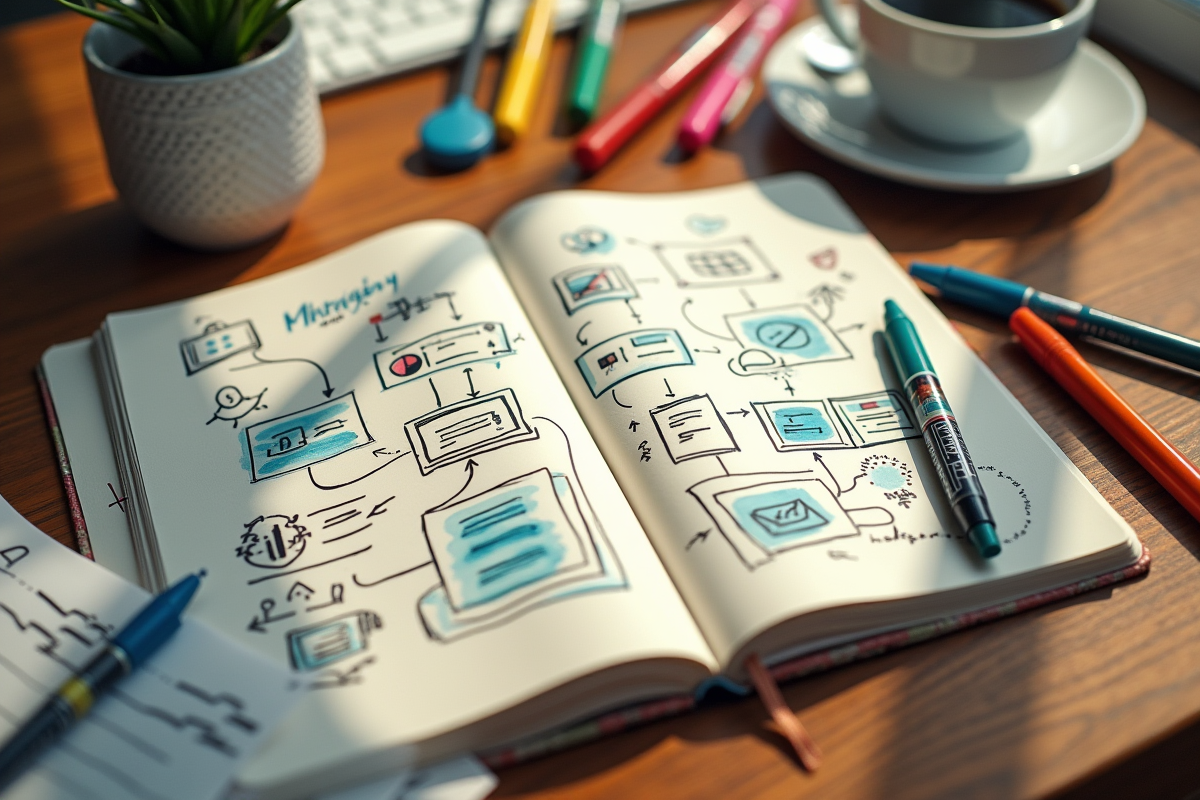 Carnet ouvert avec diagrammes de stratégie marketing et café