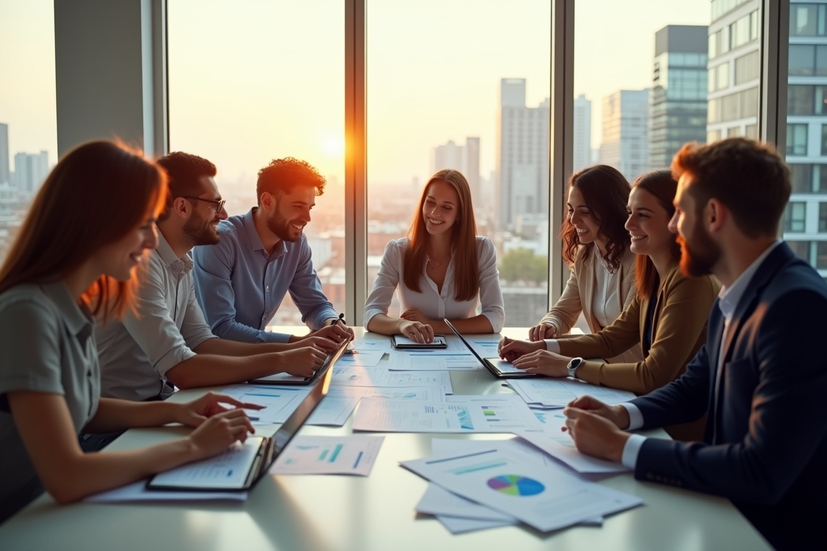 Groupe de jeunes professionnels collaborant avec données et skyline en arrière-plan