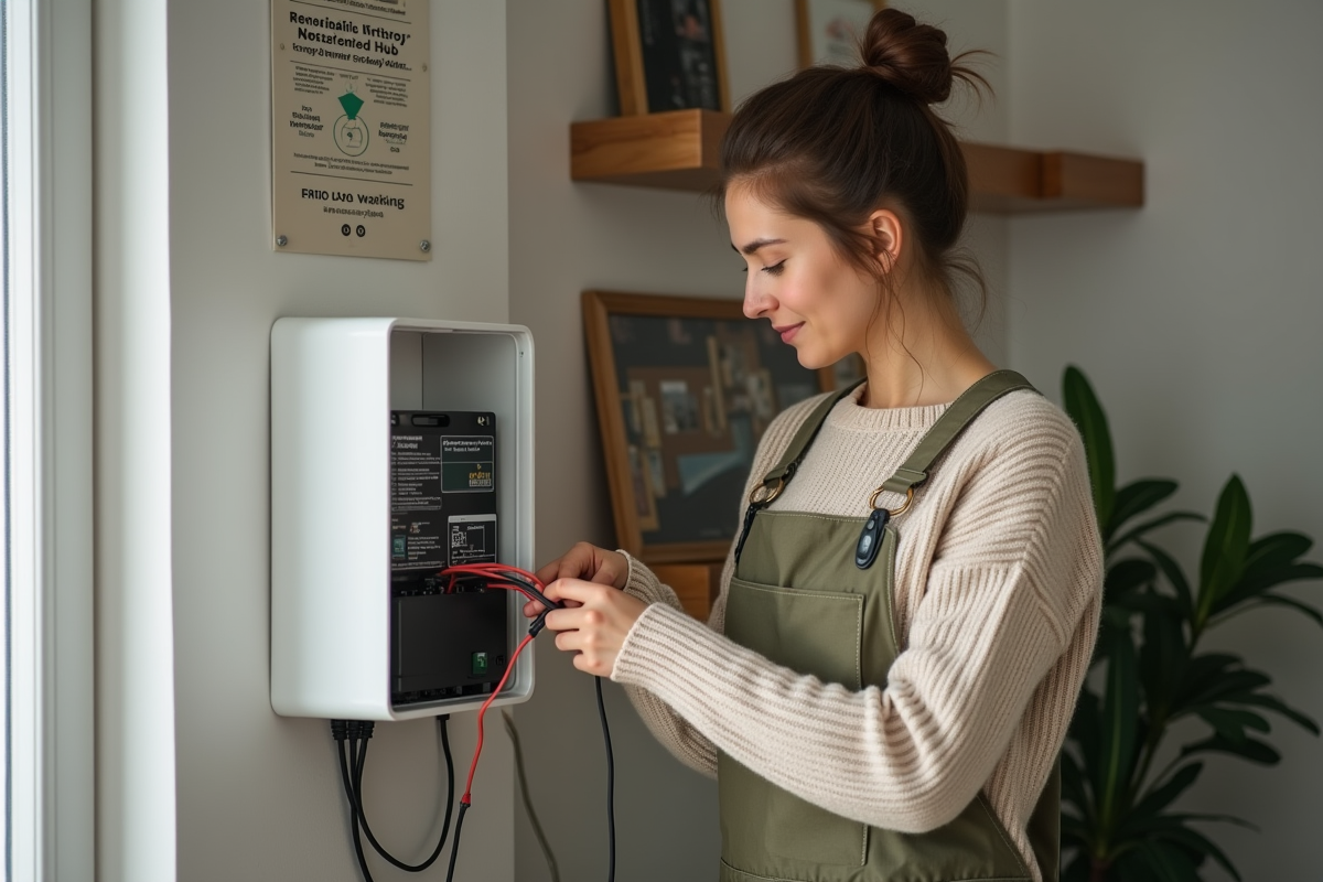 Femme connectant un système de stockage d énergie à la maison