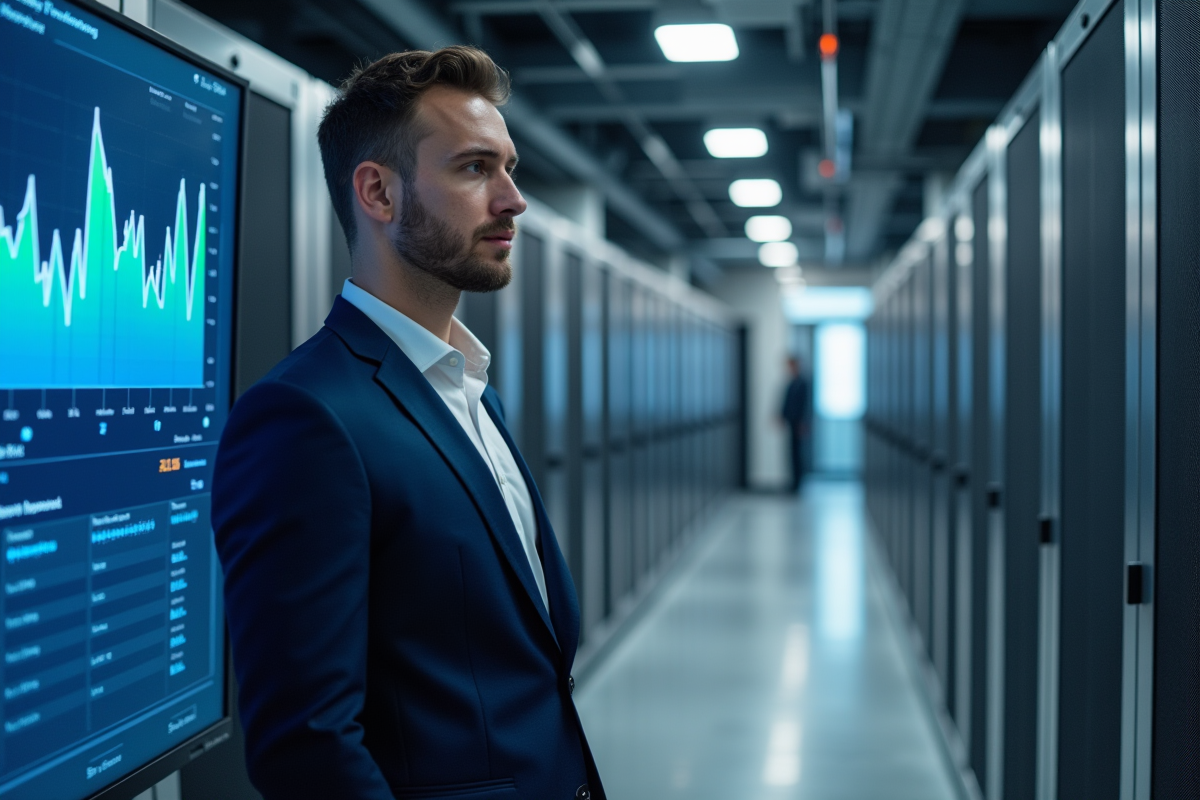 Jeune consultant IT dans une salle serveurs moderne