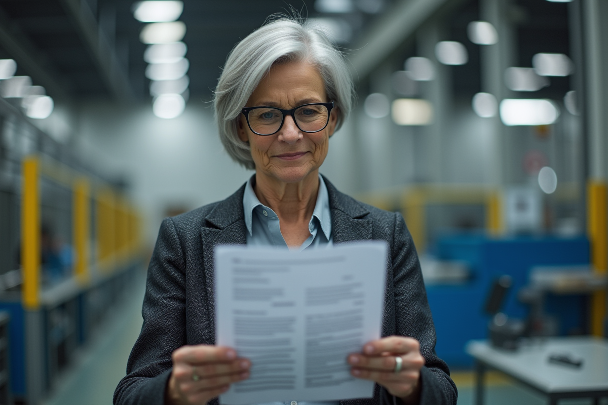 Gestionnaire de qualite lisant un manuel ISO 9001 dans un espace industriel