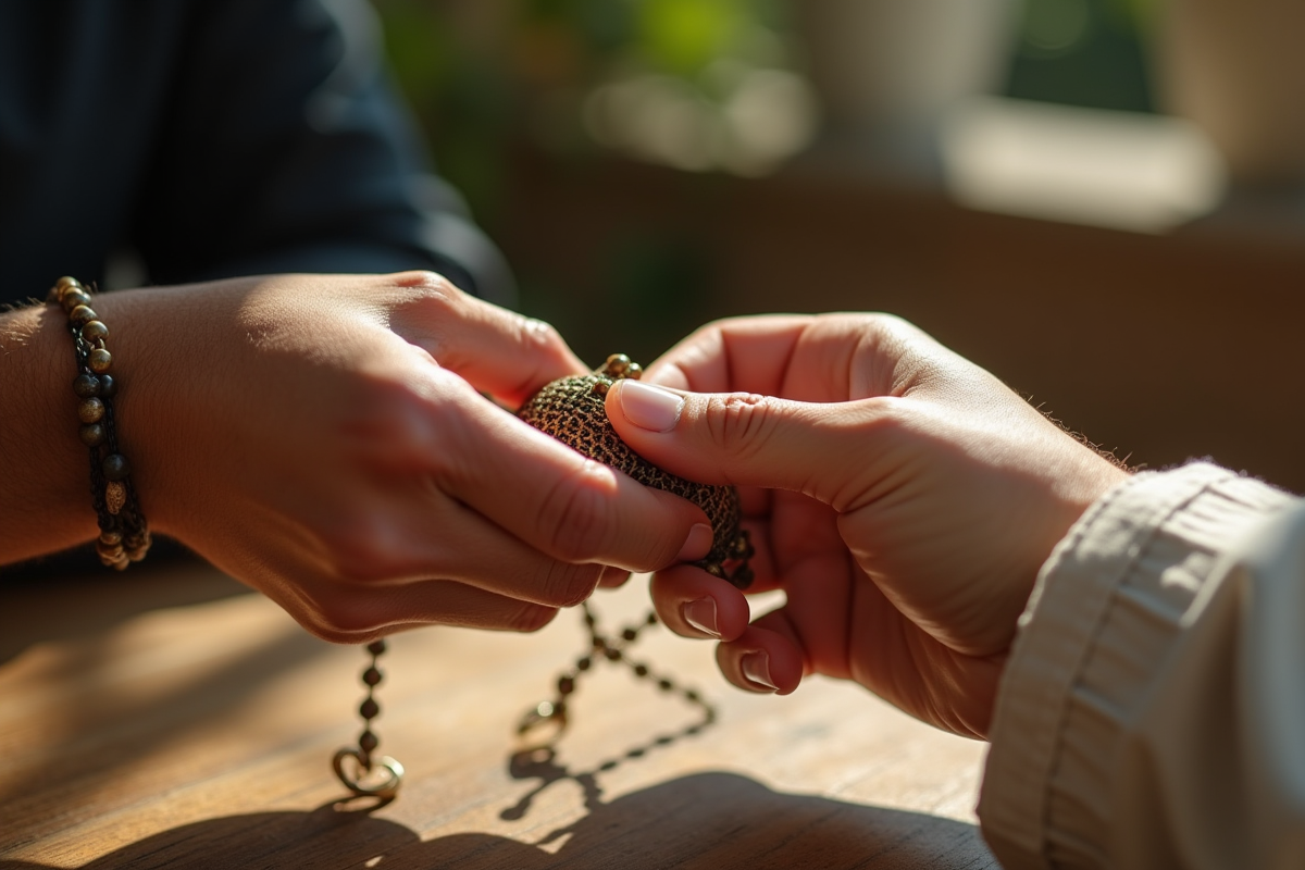 Deux mains ethniques échangeant un bracelet tissé sur bois