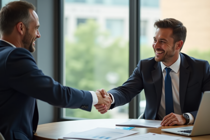 Echange de contrats entre acheteur et vendeur souriants