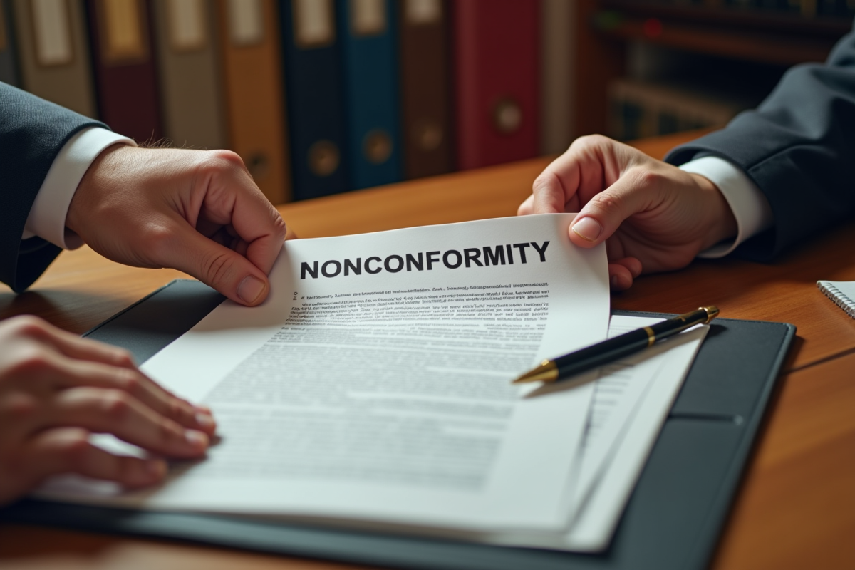 Main échangeant un document avec un avis nonconformite visible