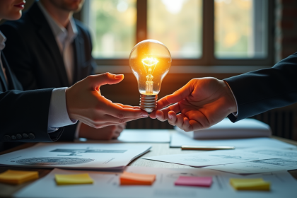 Deux mains échangeant une ampoule lumineuse sur une table avec documents
