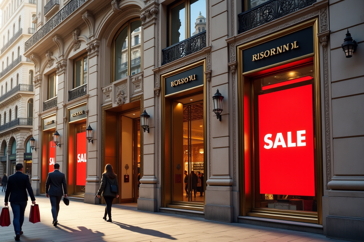 Entrée principale du magasin Galeries Lafayette en journée avec affiches de soldes rouges