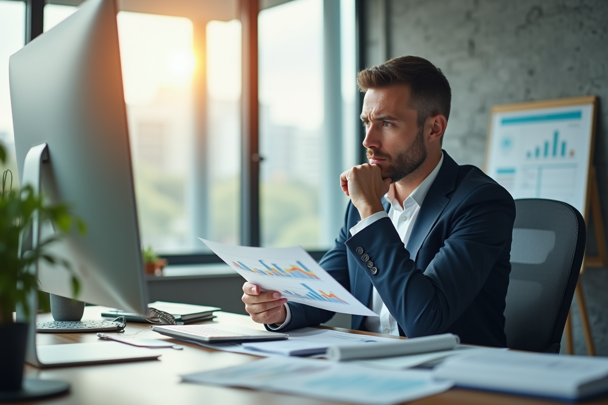 Entrepreneur pensif dans un bureau lumineux en train d'examiner des graphiques