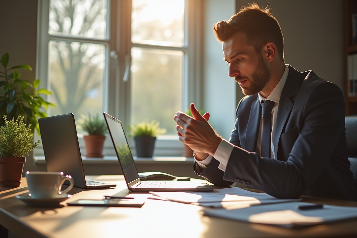 Entrepreneur analysant documents dans un bureau lumineux