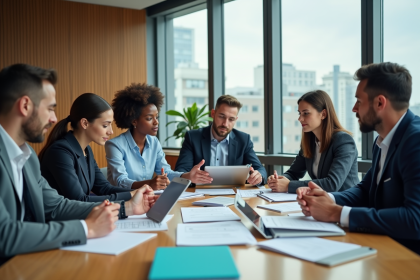 Groupe de professionnels en réunion dans un bureau moderne