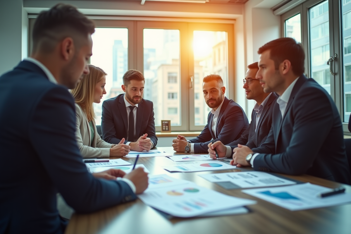 Groupe de professionnels en réunion dans un bureau lumineux