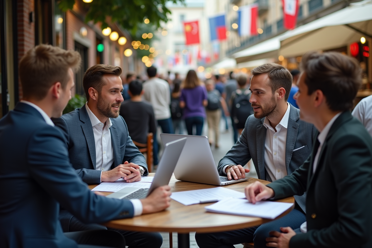 Groupe de jeunes professionnels en discussion en extérieur