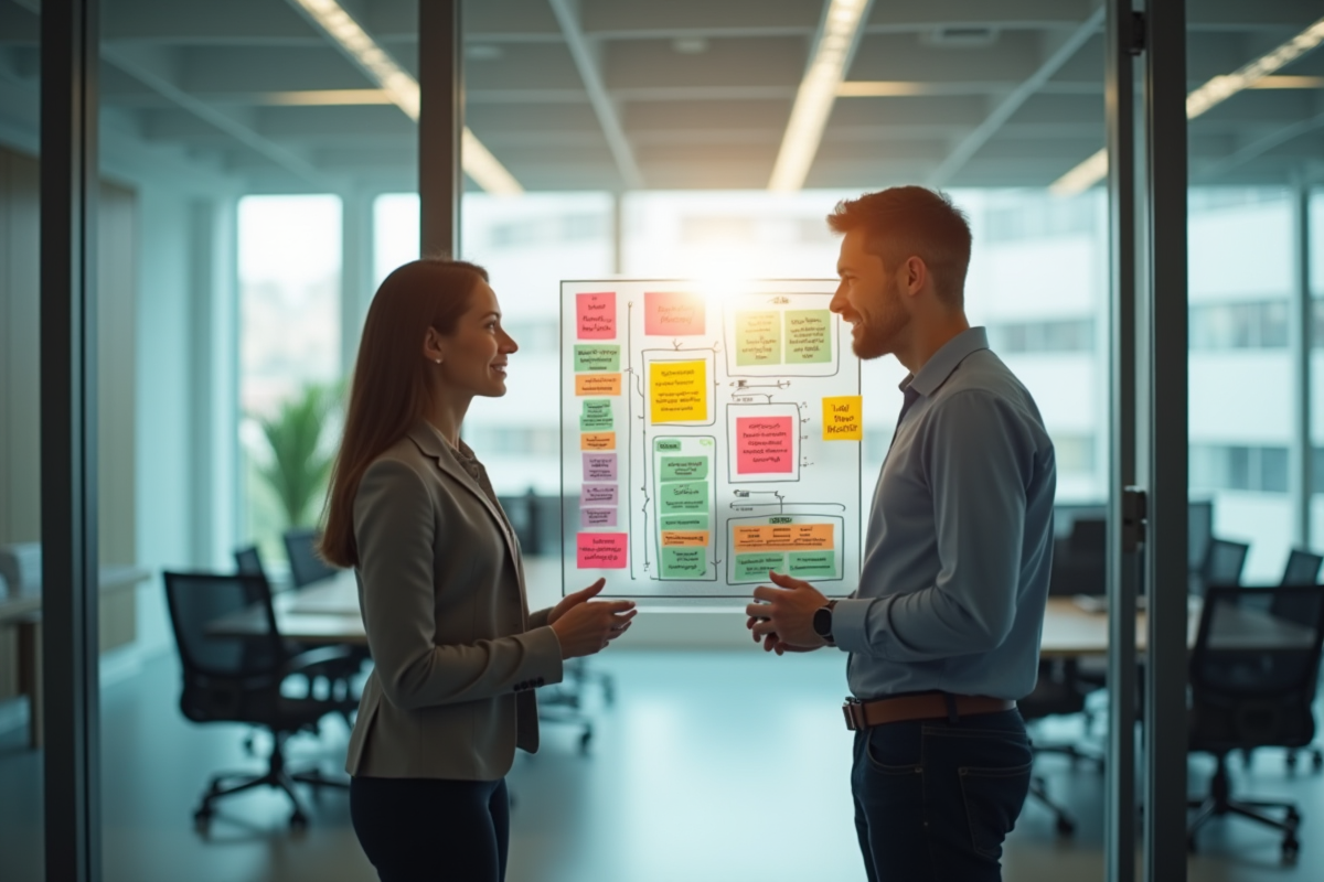 Deux professionnels discutant d'un diagramme marketing coloré sur une vitre