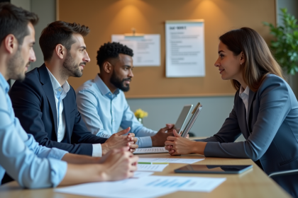 Equipe de professionnels discutant autour d'une table en entreprise