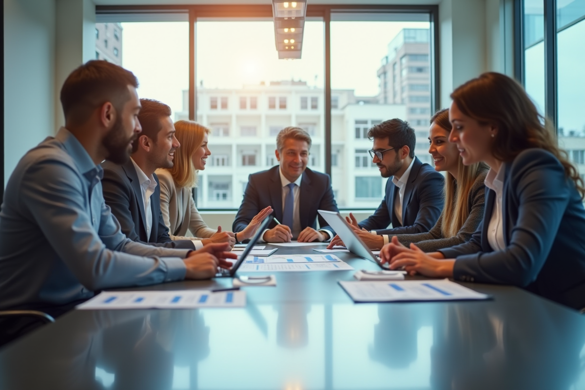 Équipe diversifiée en réunion dans un bureau lumineux