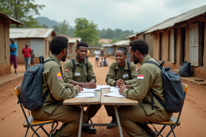 Equipe humanitaire diverse en action dans un village rural