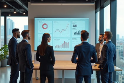 Groupe de professionnels autour d'un tableau digital