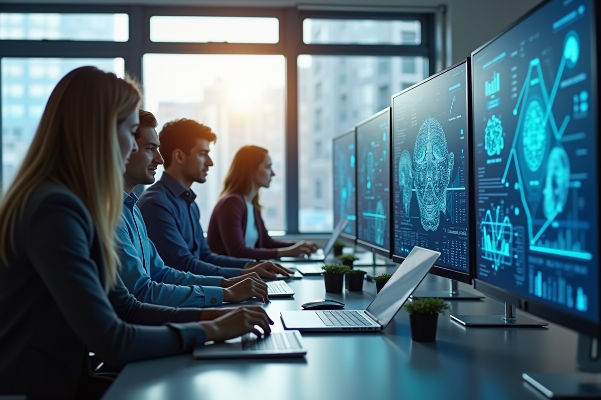 Groupe de jeunes professionnels collaborant autour d'un bureau lumineux avec visualisations AI