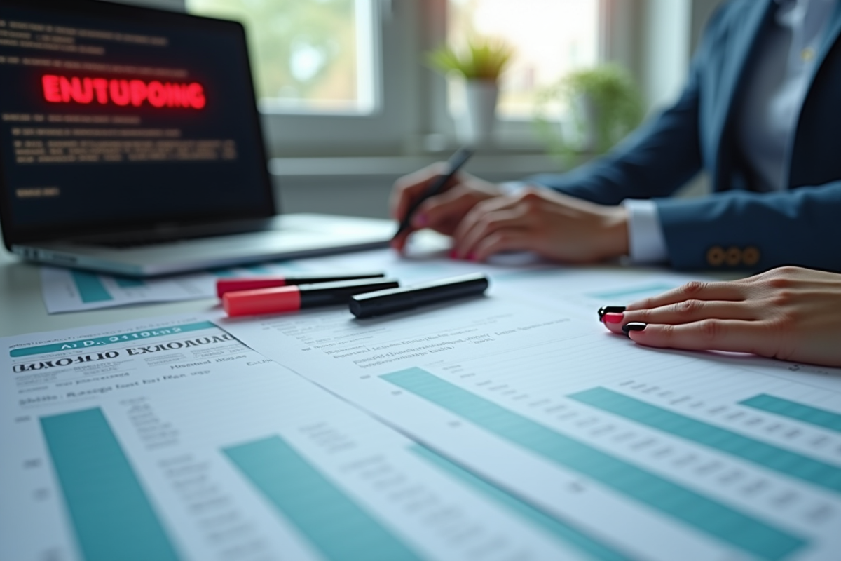 Espace de travail comptable avec formulaires et ordinateur affichant un avertissement