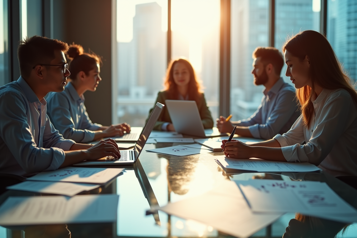 Espace de travail moderne avec équipe collaborative