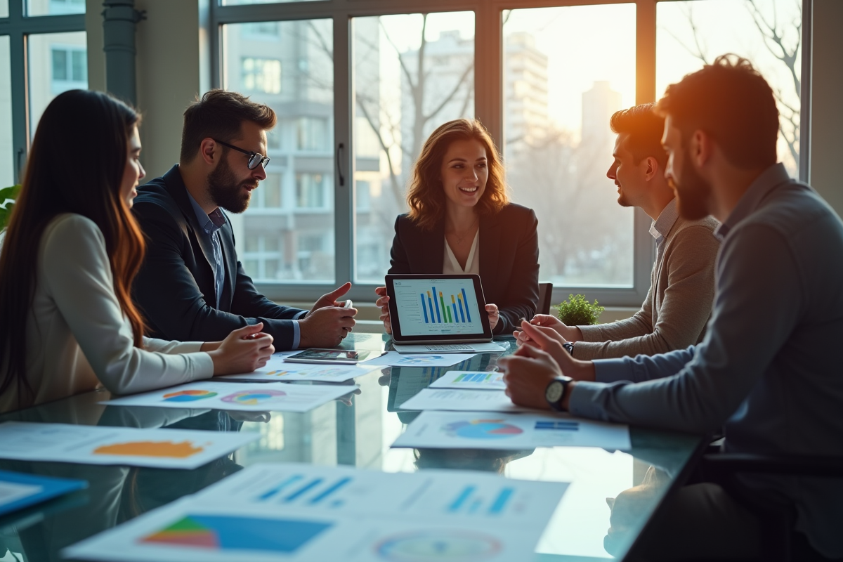 Espace de travail moderne avec professionnels marketing discutant