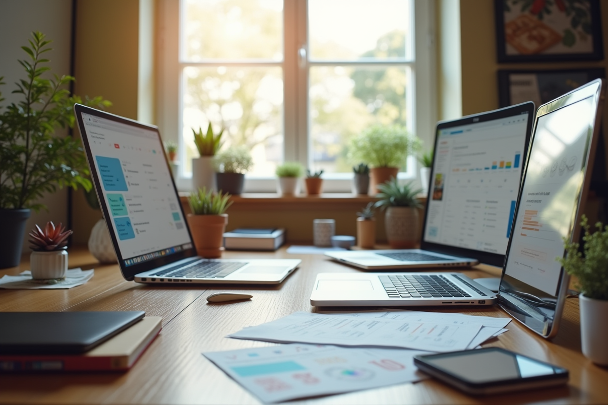 Espace de travail créatif avec packaging et documents de stratégie digitale