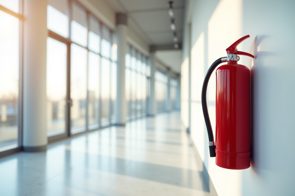 Extincteur rouge moderne dans un hall lumineux
