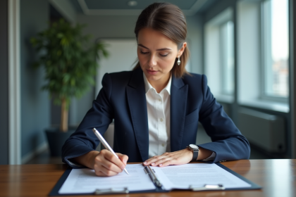 Femme d affaires en blazer bleu examine un contrat au bureau