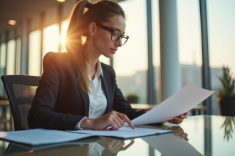 Femme d'affaires dans un bureau moderne vérifiant un contrat