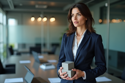 Femme d'affaires en costume tenant des cubes entrelacés