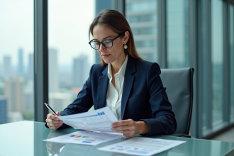 Femme d affaires en réunion avec documents multilingues
