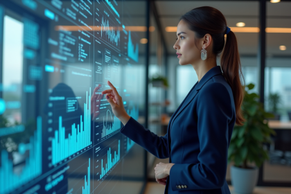 Femme professionnelle analysant des graphiques sur un écran