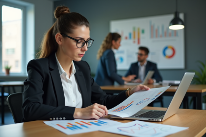 Femme en tenue professionnelle analysant des graphiques marketing