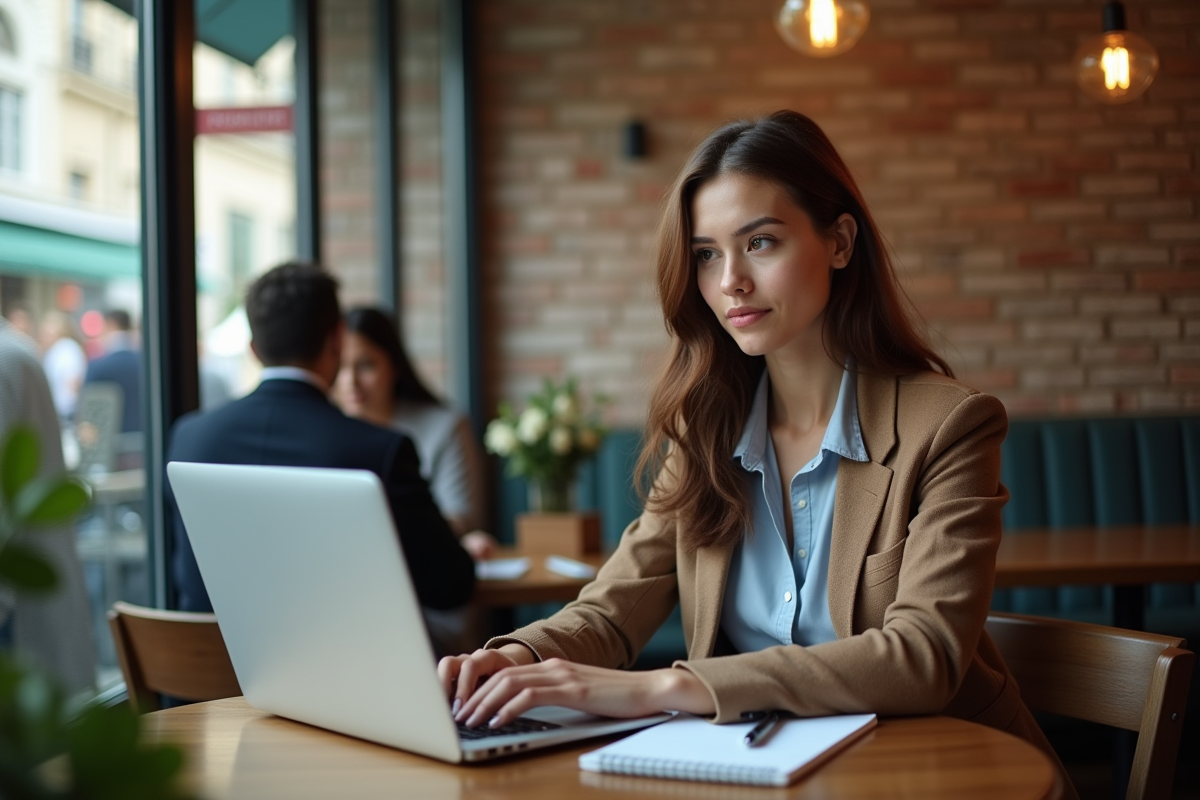 Jeune femme en brainstorming dans un café animé