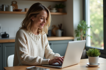 Femme d'une trentaine d'années utilisant un ordinateur dans une cuisine chaleureuse