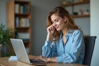 Jeune femme au bureau regardant son ordinateur