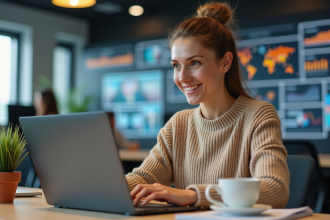 Femme souriante travaillant sur un ordinateur dans un bureau moderne