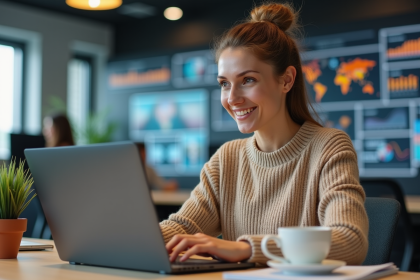 Femme souriante travaillant sur un ordinateur dans un bureau moderne