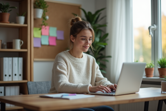 Femme assise à son bureau avec ordinateur portable