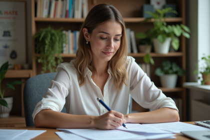 Femme en bureau à domicile examinant documents et liste