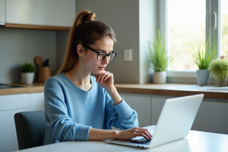 Jeune femme regardant son ordinateur pour régler la privacy