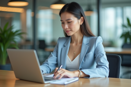 Femme professionnelle en blazer bleu dans un bureau lumineux