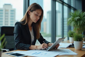 Femme professionnelle utilisant une tablette dans un bureau moderne