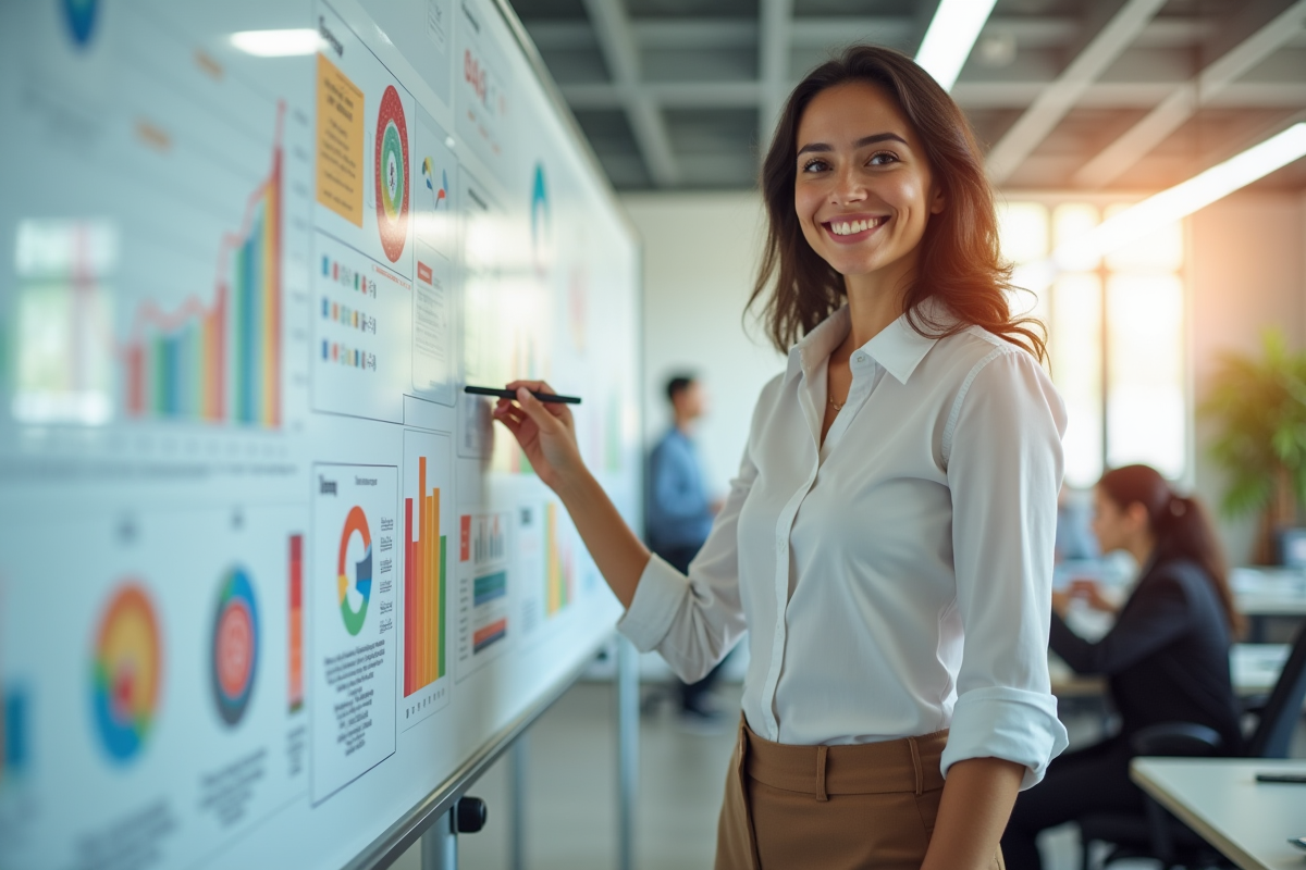 Femme confiante devant un tableau blanc avec diagrammes AI et graphiques de carrière