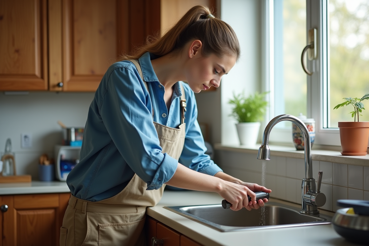 Femme inspecte un évier bouché dans la cuisine intérieure