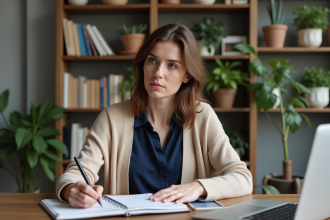 Femme concentrée à écrire dans un planner dans un bureau moderne